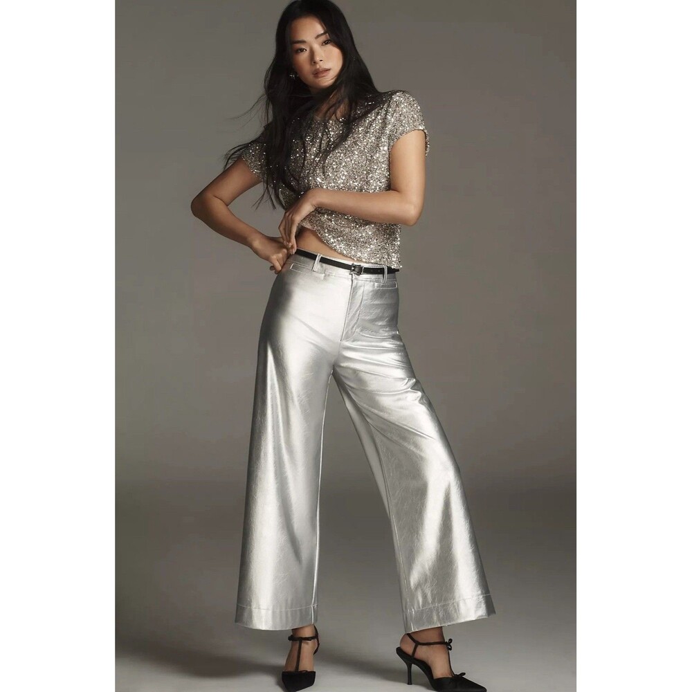 Maeve The Ettie High Rise Crop Wide-Leg Pants Metallic Faux-Leather Size 26 - Picture 5 of 16